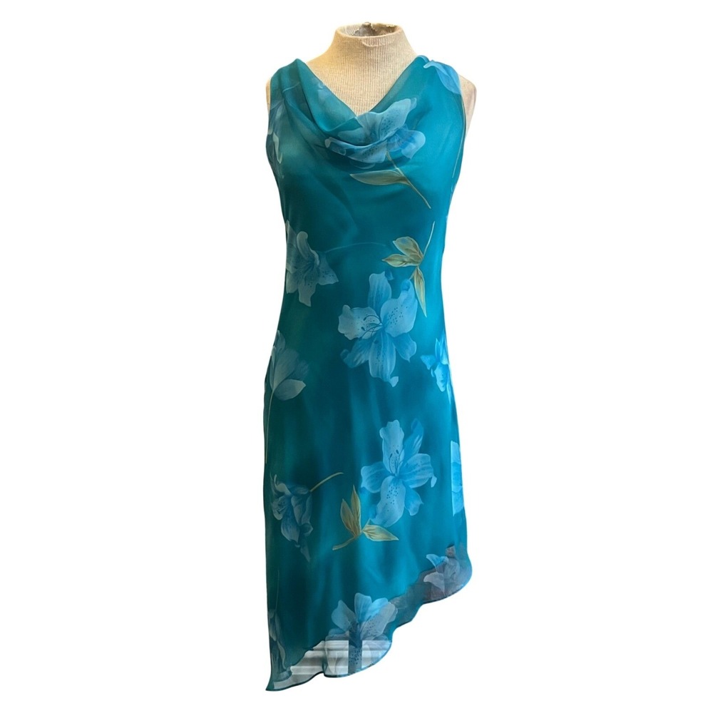 Vintage Y2k Turquoise Cowl Neck Dress Asymmetrical Midi Dress Alyn Paige  - S/M